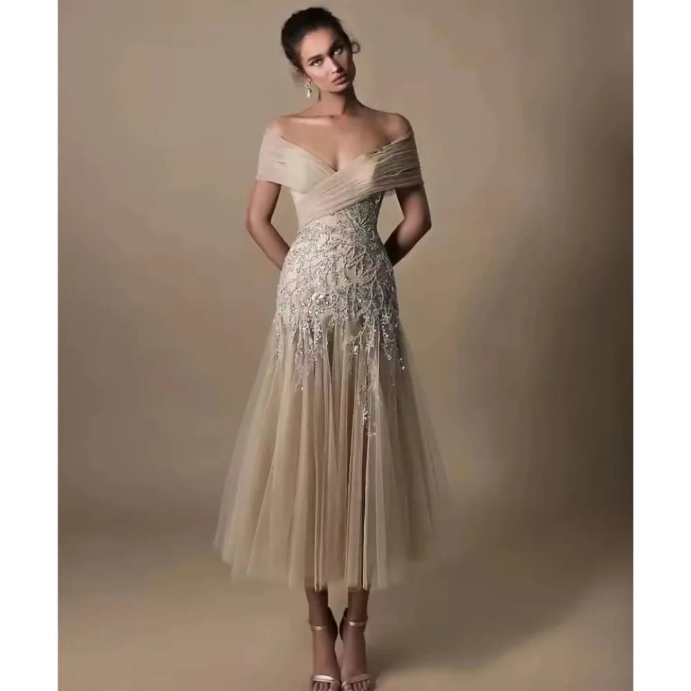Robes de cocktail en tulle champagne, épaules dénudées, perles scintillantes, robes de bal charmante