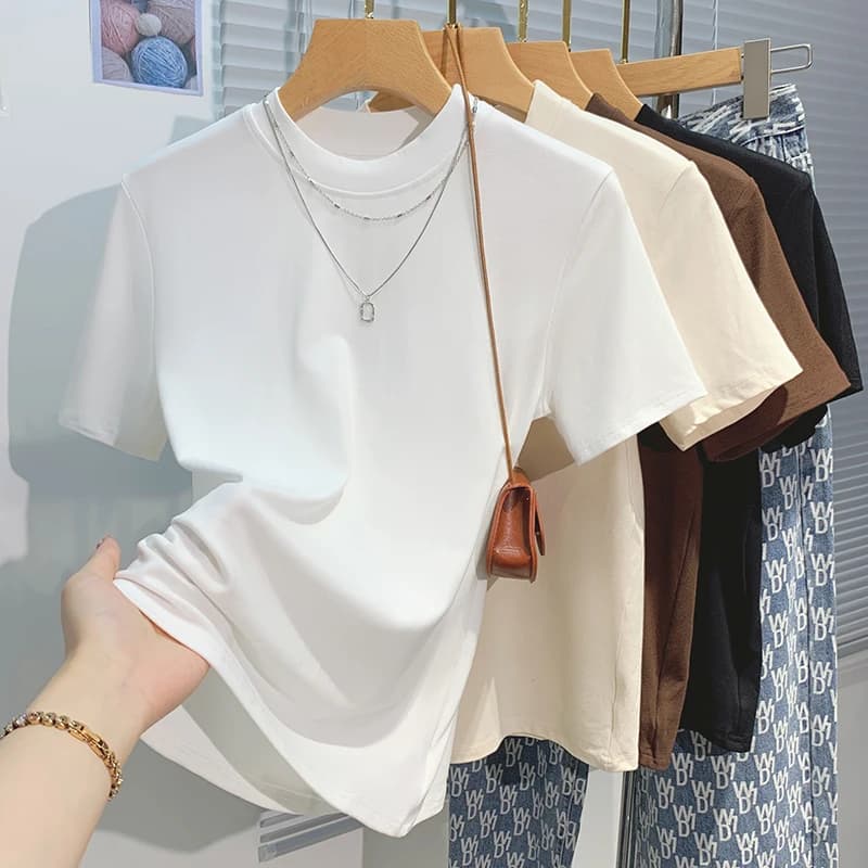 AOSSVIAO 2026 T-shirt Femme Style Coréen Couleur Unie Col Montant Manches Courtes Coupe Slim Polyval