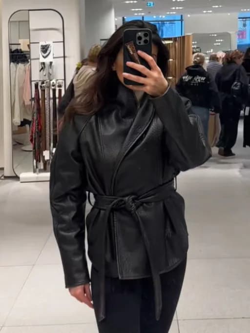 Manteau Chic à Col Montant Ceinturé en Similicuir, Manches Longues, Style Décontracté Urbain, Veste 