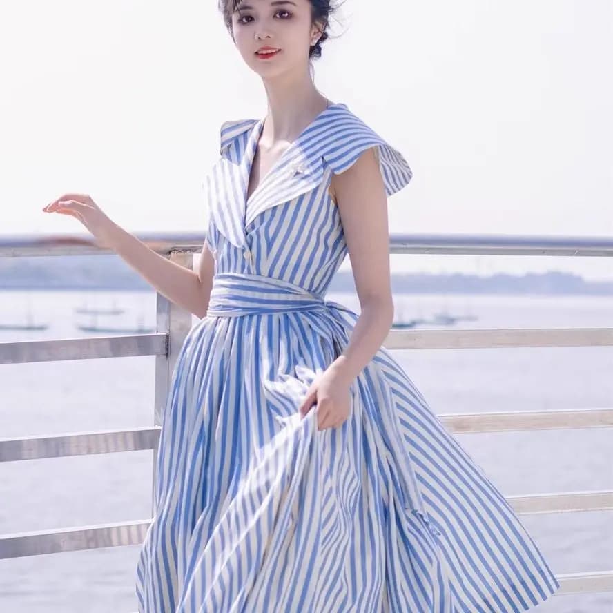 Xgoth – robe longue d'été à col bleu marine, rayée, à volants, sans manches, cintrée à la taille, am