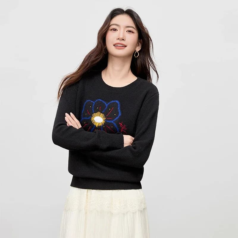 Pull Femme SENTUBILA en Jacquard Floral, Vêtement d'Hiver Tendance 2026, Col Rond, Tricoté avec Brod