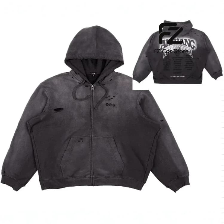 ARIRANG Sweat à capuche zippé brodé, Cardigan ouvert noir délavé vintage, Veste streetwear décontrac