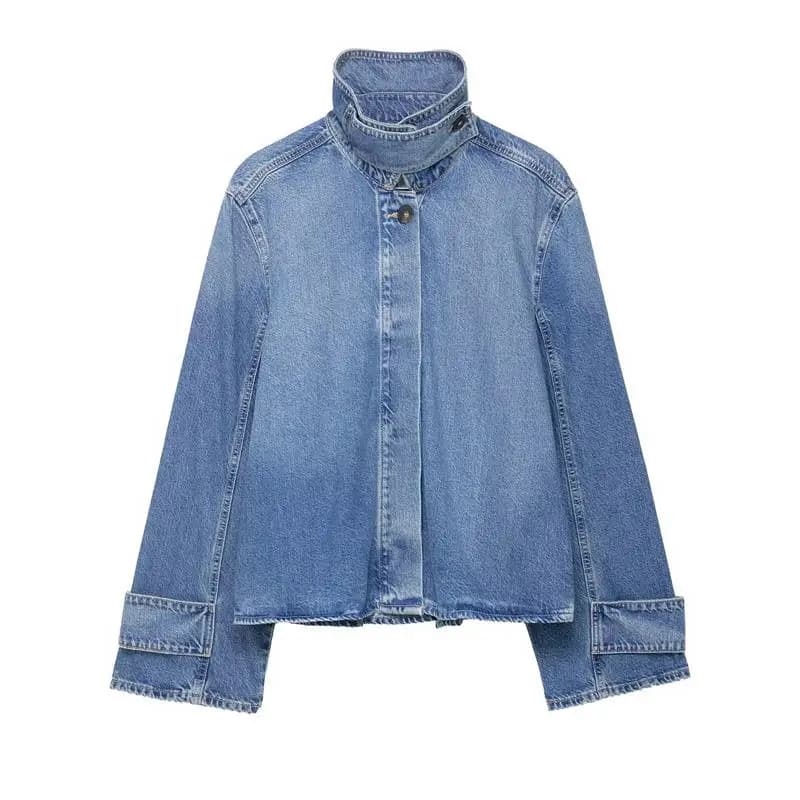 Femmes Denim tricot Patchwork veste revers épissures simple boutonnage à manches longues manteau dam