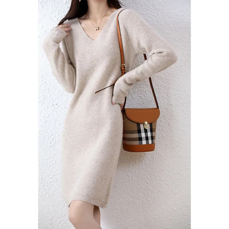 Femmes élégantes robes pull en cachemire 100% laine mérinos Sexy col en v décontracté jupe tricotée 