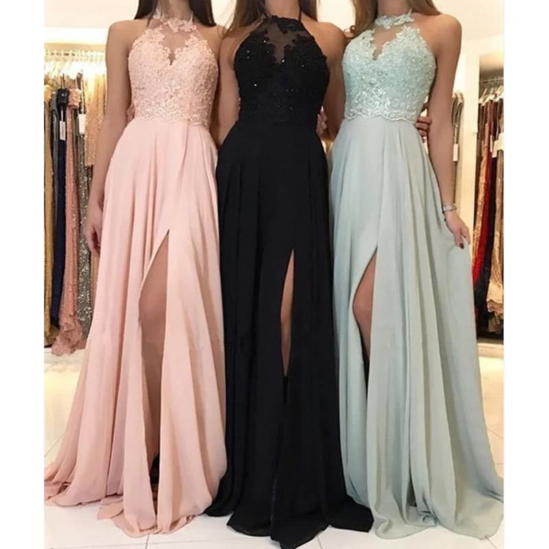 Nouvelle Robe Longue d'Été en Dentelle et Mousseline, Col Halter, Fendue, Robe de Soirée Élégante, J