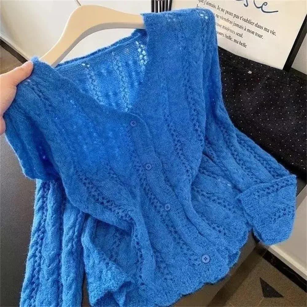 Cardigan tricoté bleu délicat à volants, manches longues, simple boutonnage, pour femme, collection 