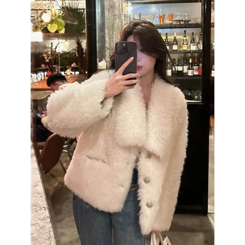 Manteau d'hiver en laine d'agneau pour femme – Manteau en fourrure épaisse de style court doux et pa