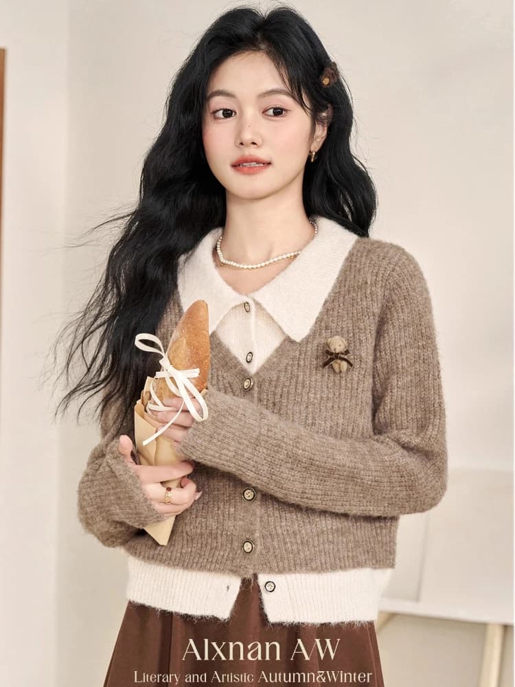 ALXNAN femmes Cardigan faux deux pièces conception régulière épaule bouton patte chandails doux pull