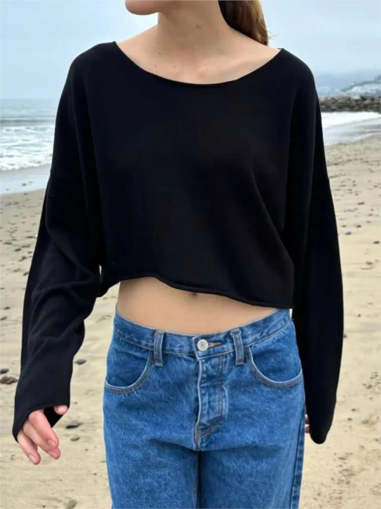 Pull vintage bleu marine à col en V pour femme, pull à manches longues, pull en coton décontracté, h