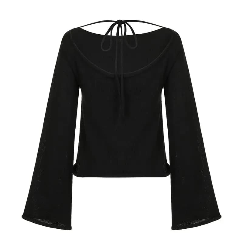 Tempérament dos nu attaché pull tricot pull femmes manches évasées haut extérieur ample