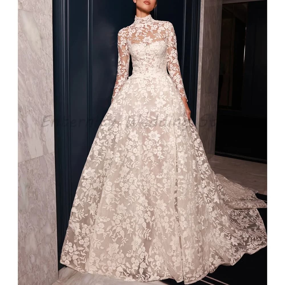 Robe de mariée vintage à col montant et manches longues, en dentelle florale 3D, style robe de bal, 