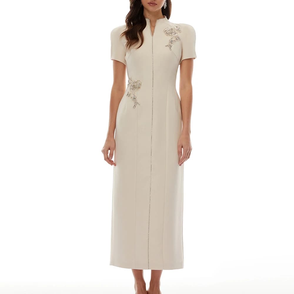 Robe longue VGH abricot à col mandarin pour femme, manches courtes, broderie perlée, taille ajustée,