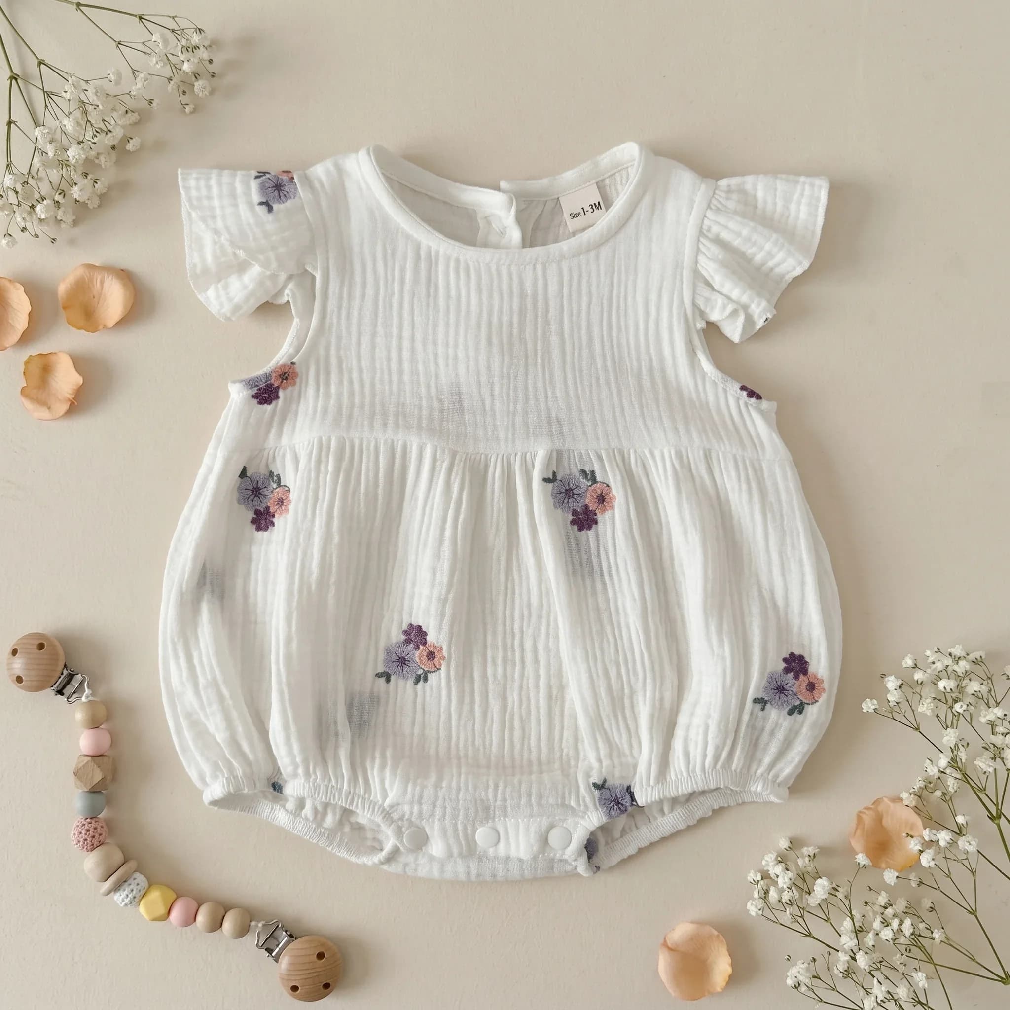 Combinaison d'été décontractée à col rond pour bébés filles, couleur unie, broderie de fleurs, adapt