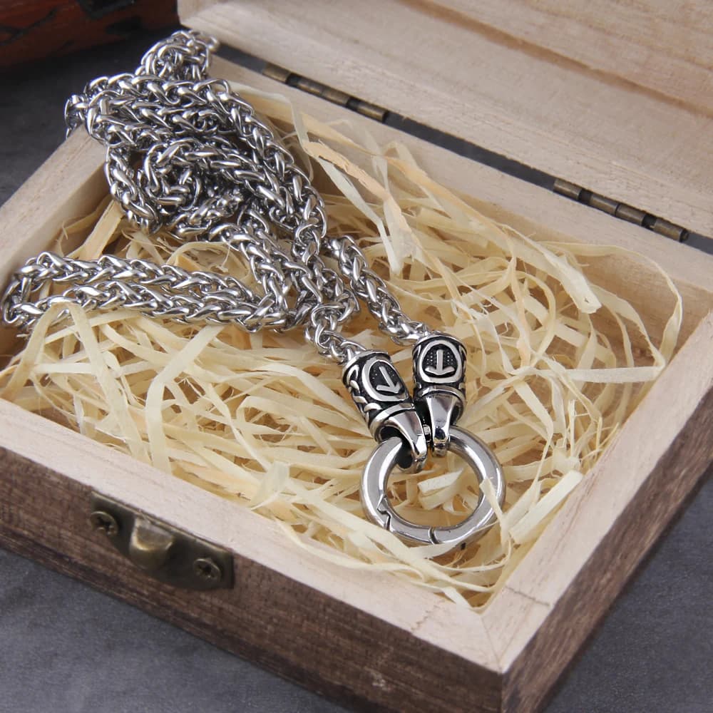 Collier pendentif rune viking nordique avec fermoir rond ouvert, chaîne en acier inoxydable avec boî