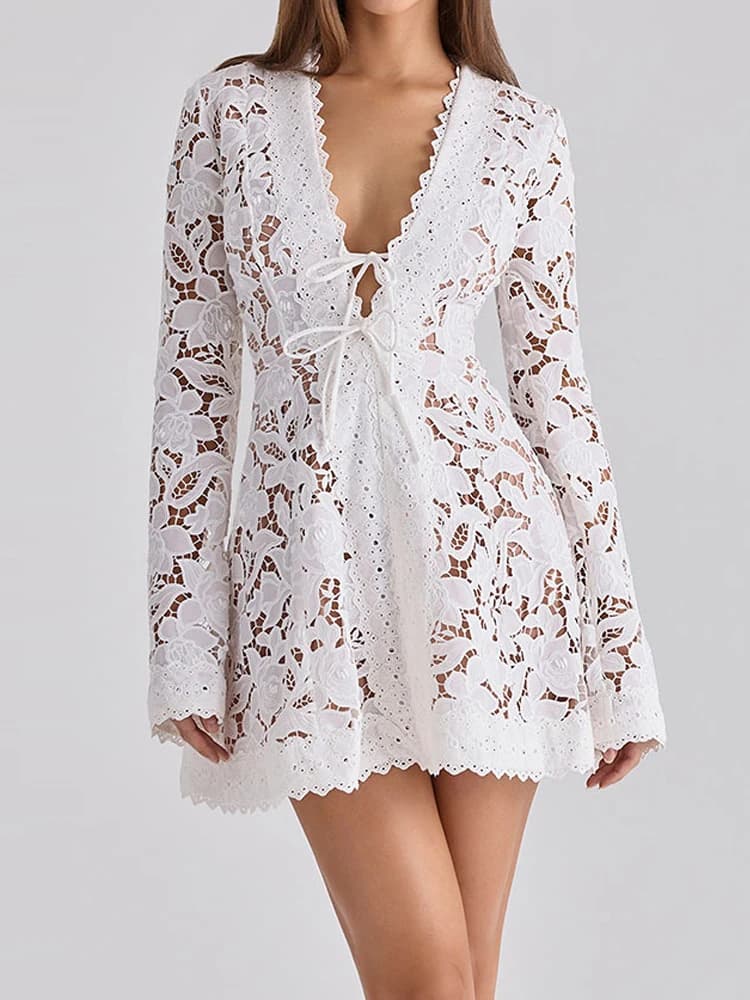 Robe Courte Blanche Sexy à Col en V et Manches Longues, Robe de Soirée Tendance pour Femme à Taille 