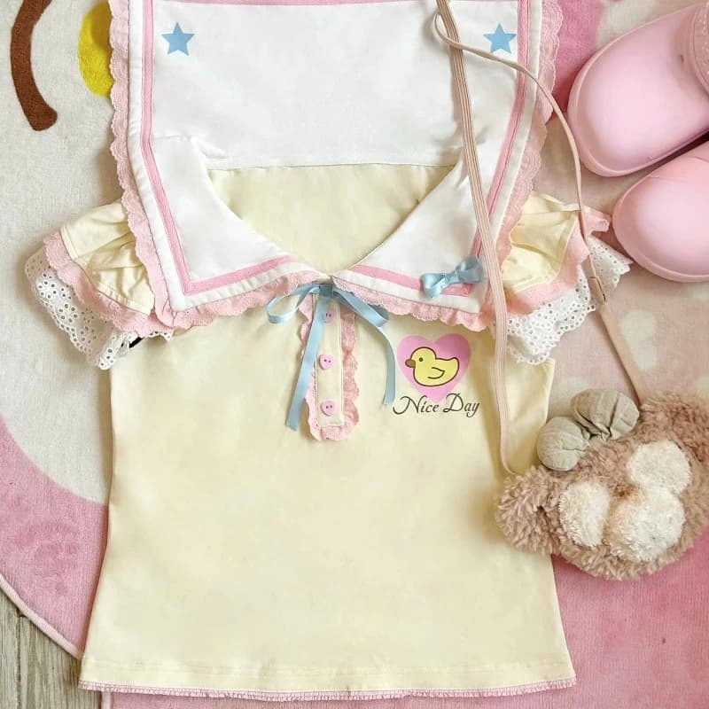 Mignon col marin Y2k esthétique Kawaii doux hauts 90s été femmes Lolita dessin animé imprimé T-shirt