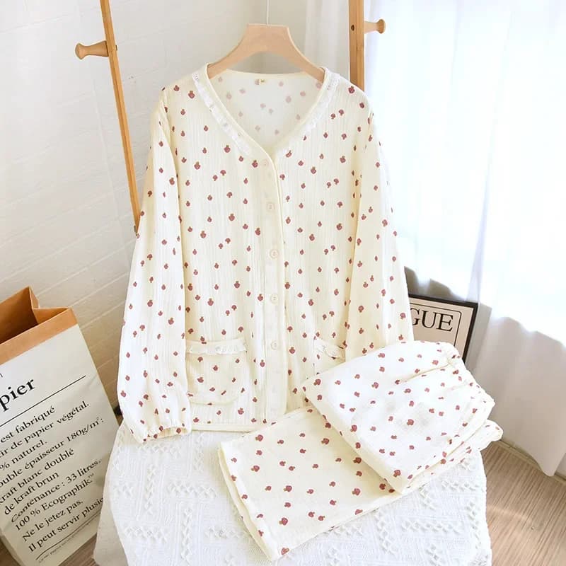 Cardigan en coton à col en V pour femmes, vêtements de nuit, vêtements de printemps et d'automne, ma