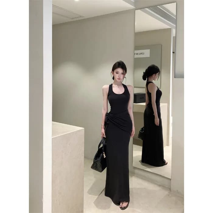 Robe longue noire sans manches à col en U pour femme, style artistique rétro, tendance sportive, aju