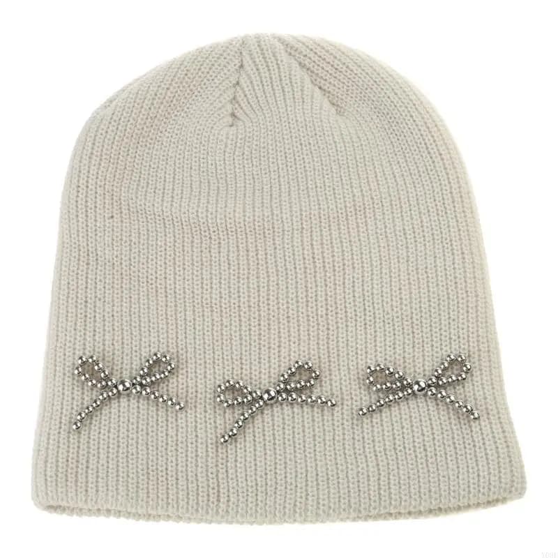 Chapeau tricoté chaud pour femmes, garçon fille, automne hiver, chapeau à nœud perlé, Y08E