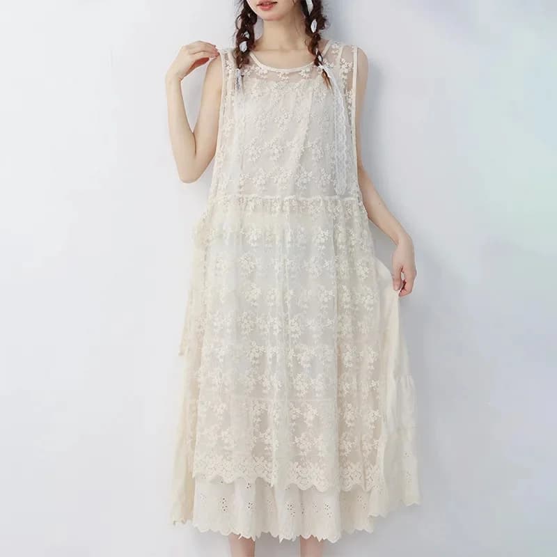 Robe en dentelle brodée douce et fraîche, superposition polyvalente, robe mi-longue pour l'été, nouv