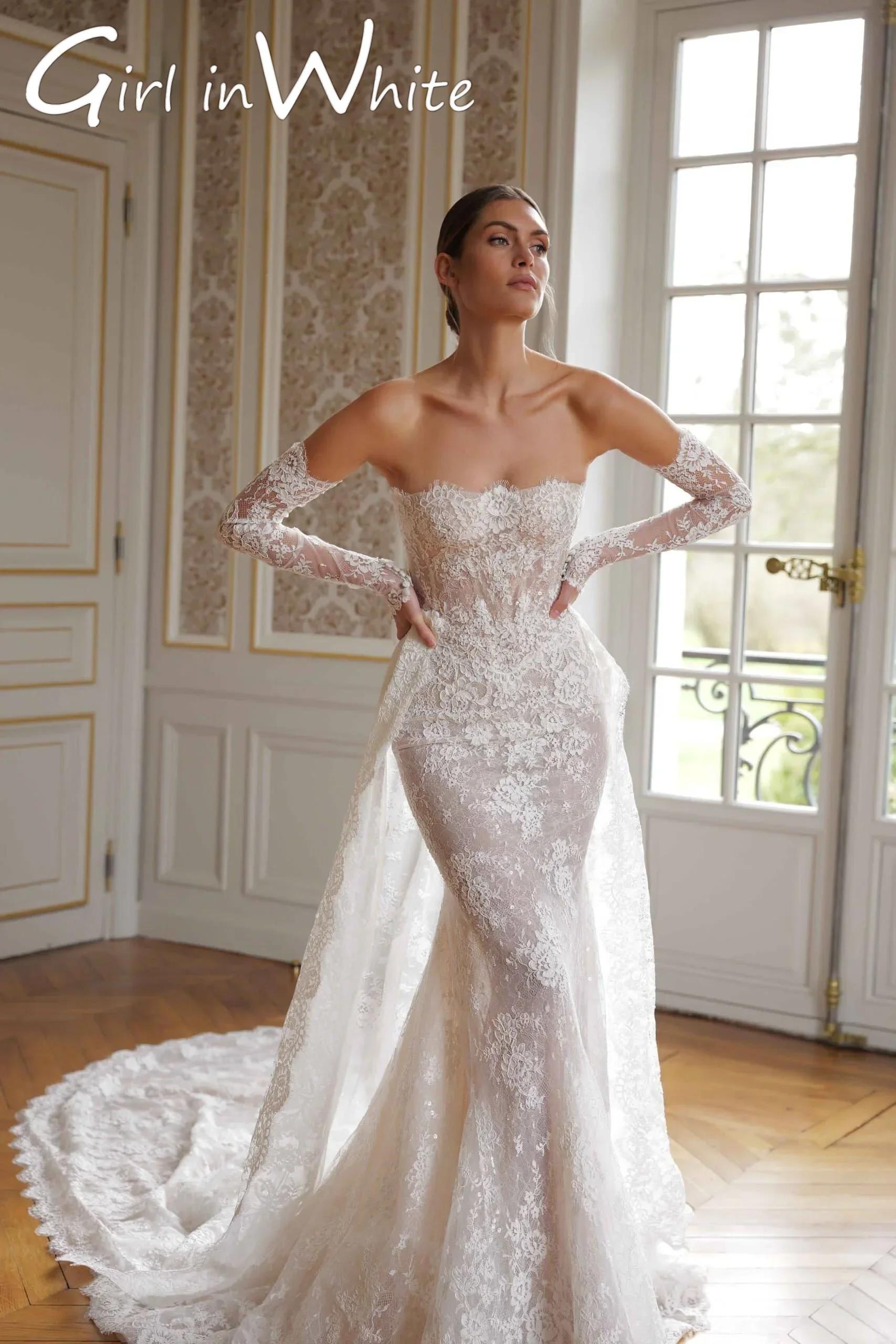 Robe De mariée sirène en dentelle, Vintage, personnalisée, col bateau, épaules dénudées, manches lon