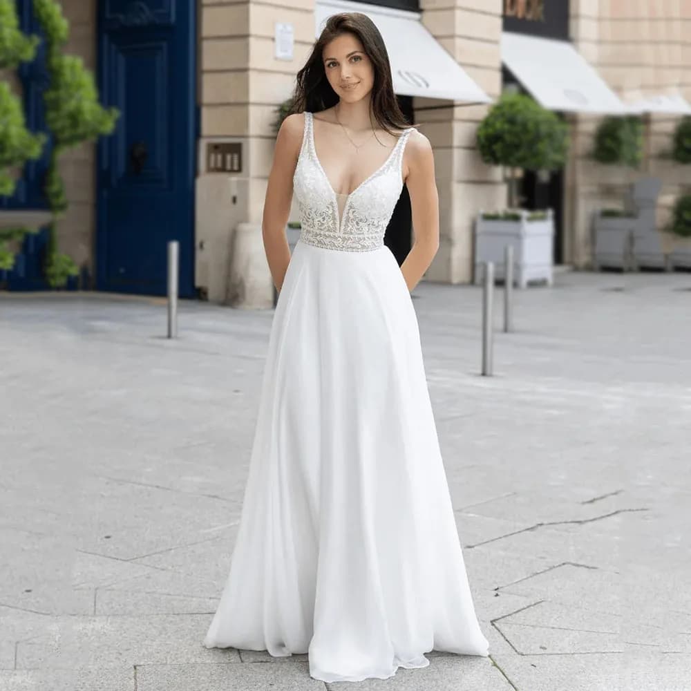 Robes de mariée en dentelle à col en V et coupe trapèze, avec appliques, sans manches, dos nu, pour 