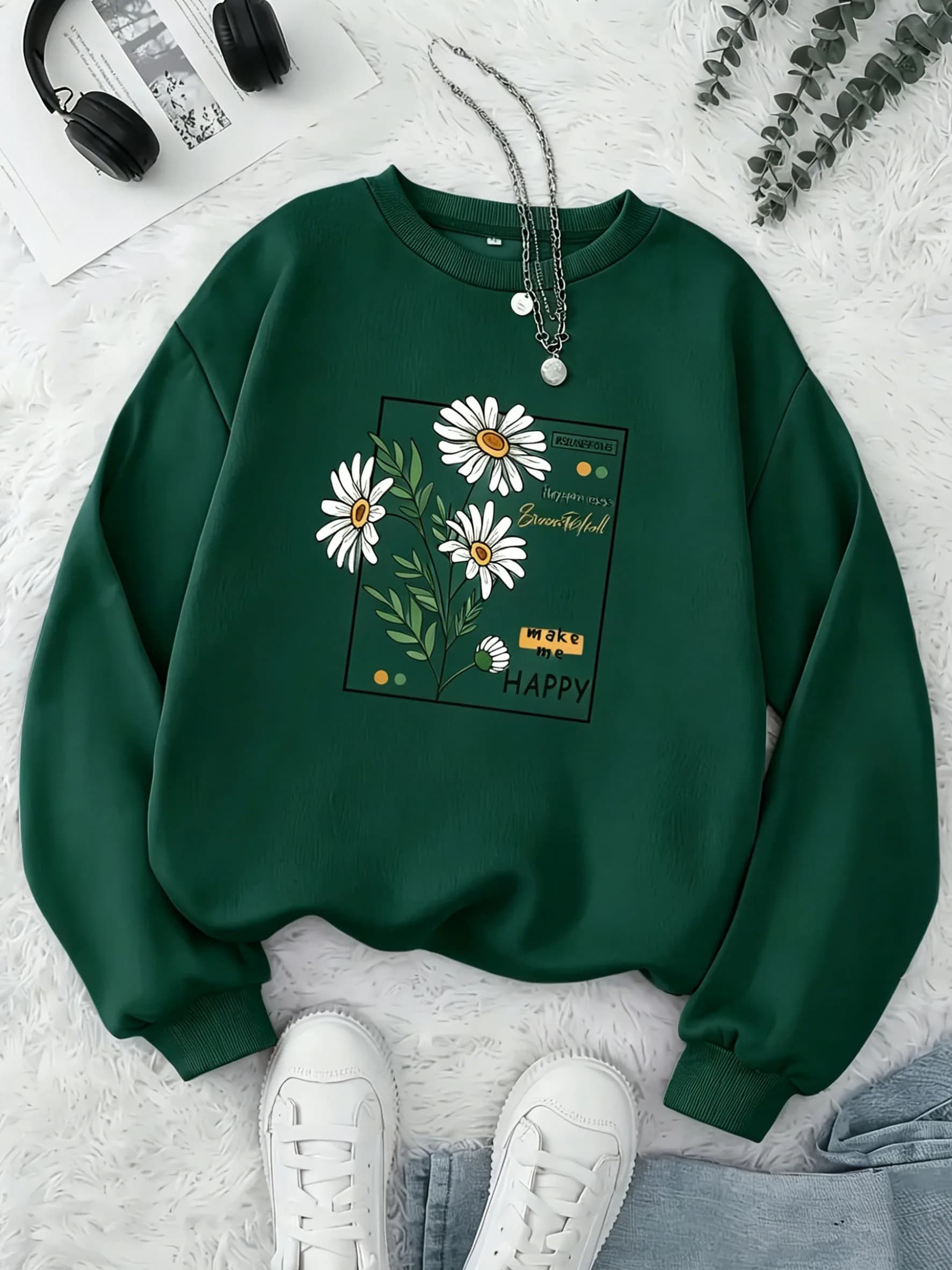 Sweat-shirt graphique floral Daisy pour femmes, pull décontracté à col rond pour filles, en molleton