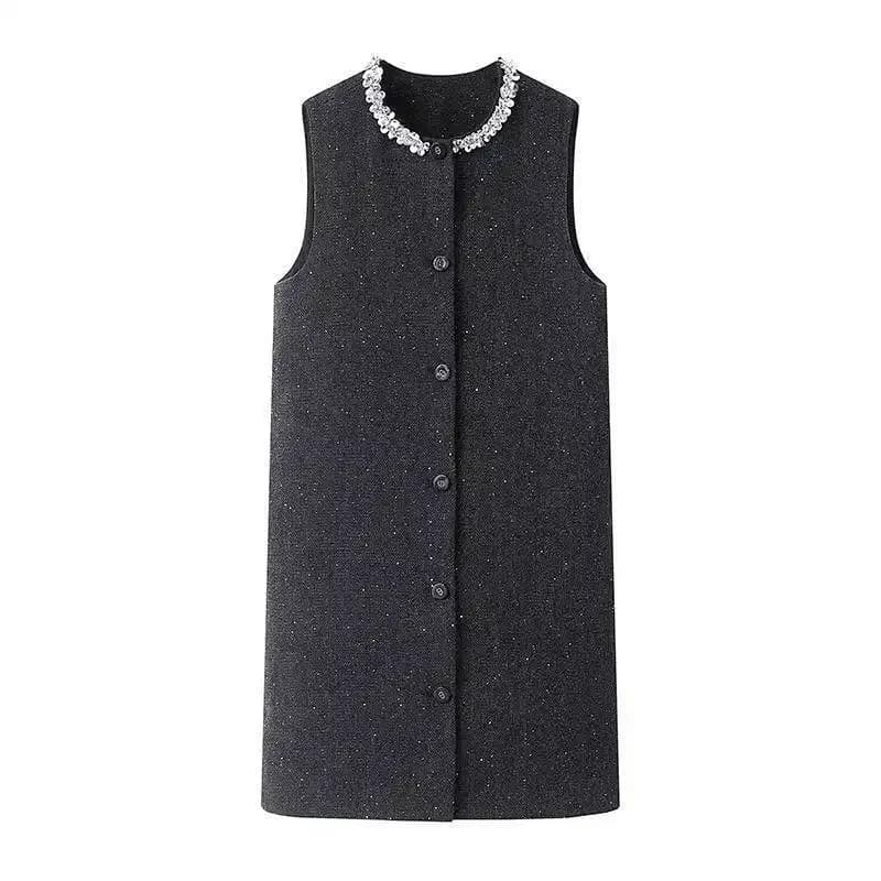 Gilet long en tweed pour femme, sans manches, avec col en cristal perlé, boutons sur le devant, robe