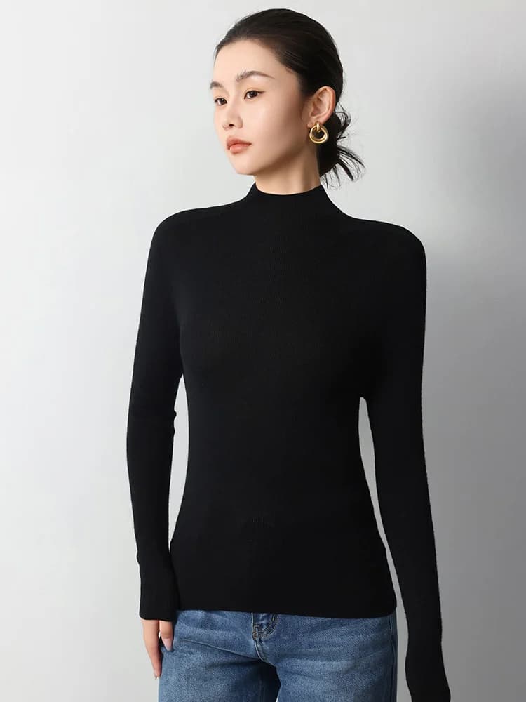 Pull basique pour femme en 100 % laine mérinos Yangzi, col montant, polyvalent, pour automne-hiver