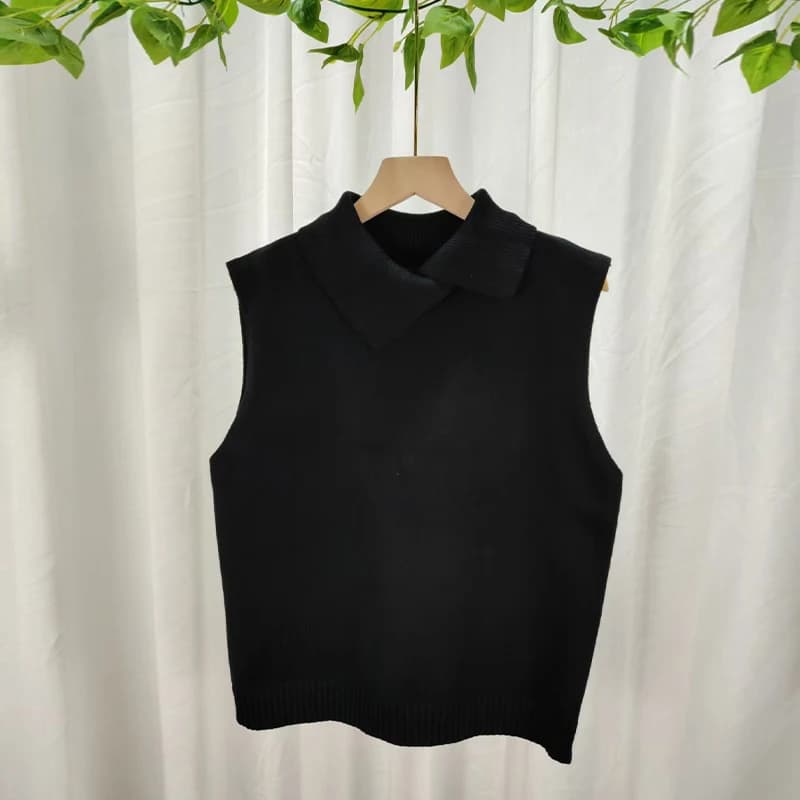 Automne hiver coréen couleur unie revers sans manches polyvalent décontracté tricoté gilet pour les 