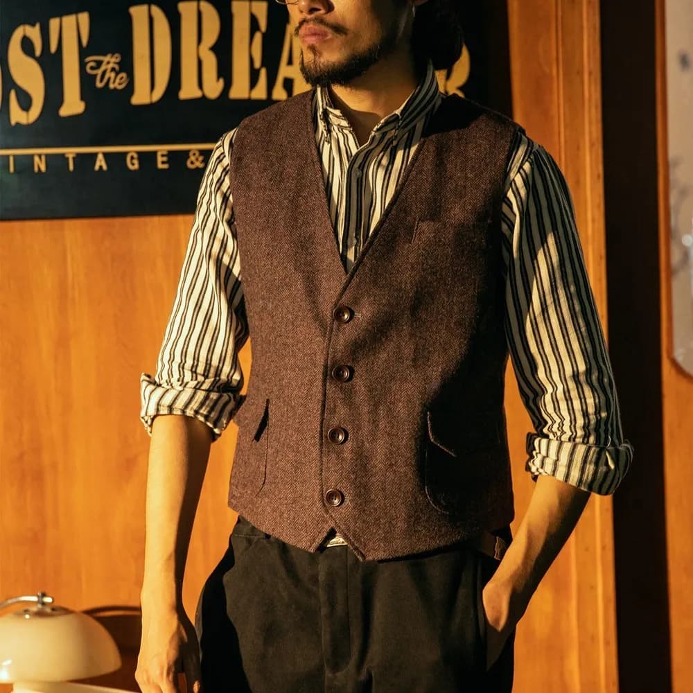 Automne et hiver chevrons Tweed britannique rétro gilet européen et américain rétro kaki laine costu