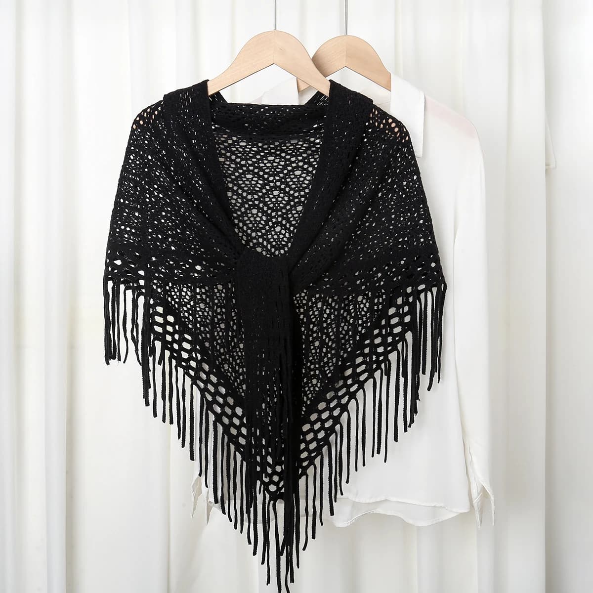 Tricot évider faux col chaud gland châle écharpe mode pull léger solide tricoté grandes écharpes fem