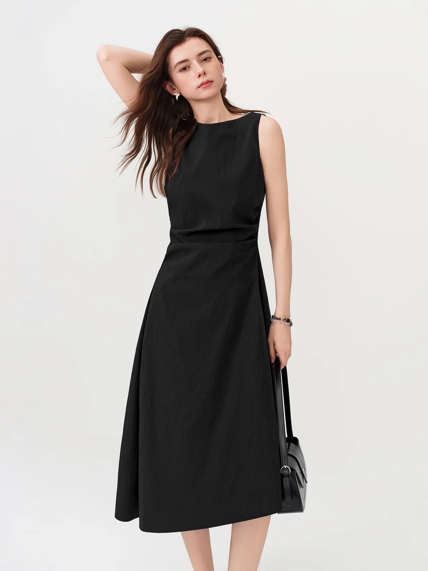 Robe trapèze sans manches FSLE bleue en pur coton 2026 style français froncée amincissante pour le b