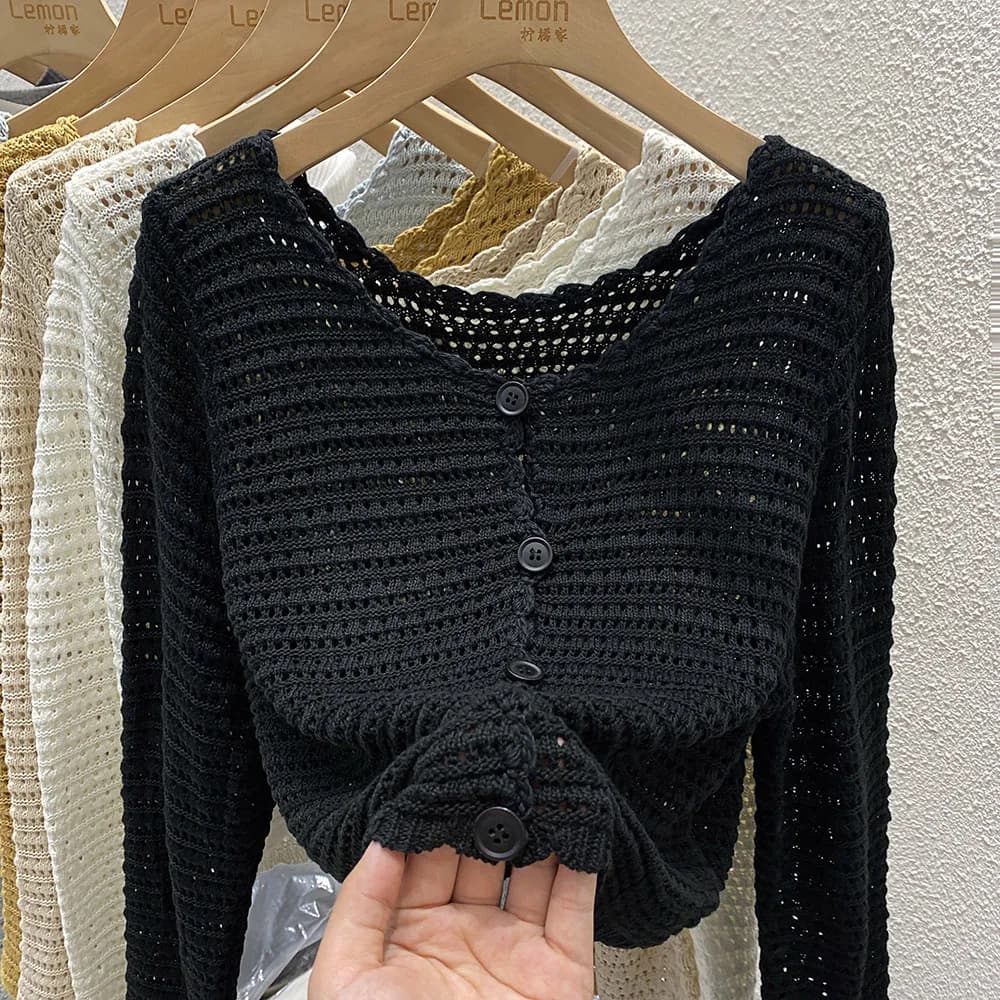 Pointelle tricot Cardigan pour femmes à manches longues simple boutonnage pull veste culture ajouré 