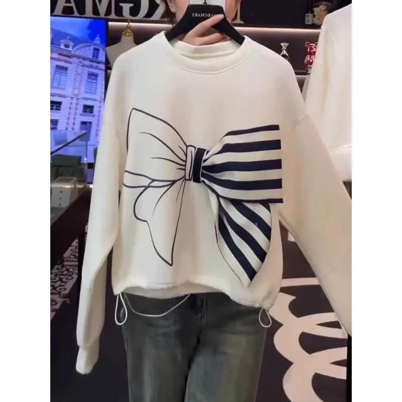 Sweat-shirt imprimé épissé avec nœud pour femme, haut décontracté, polyvalent, ample, col rond, nouv