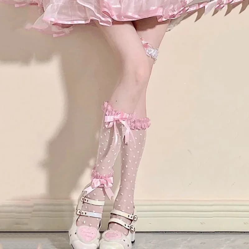 Chaussettes en dentelle Kawaii Lolita noires et blanches en résille pour femme, avec nœud rose japon