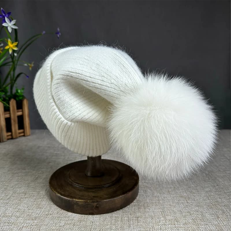 2024 Angora tricot chapeau d'hiver pour enfant femmes moelleux fourrure de renard pompon chapeau bon
