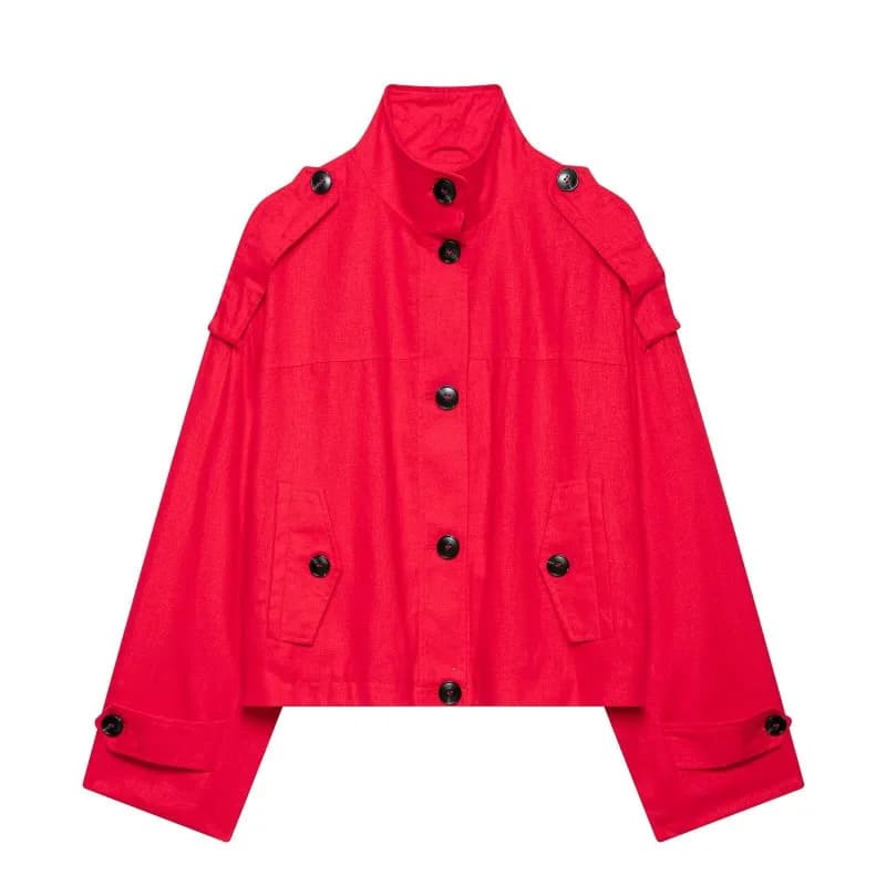 Veste courte en lin mélangé rouge pour femme, col montant, boutonnée, coupe ample, légère, vêtement 