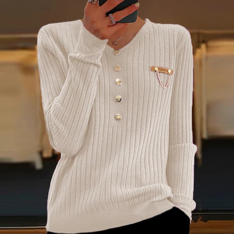 Pull en tricot à manches longues pour femme, pull femme, col en V, boutons, marron, bleu, beige, noi