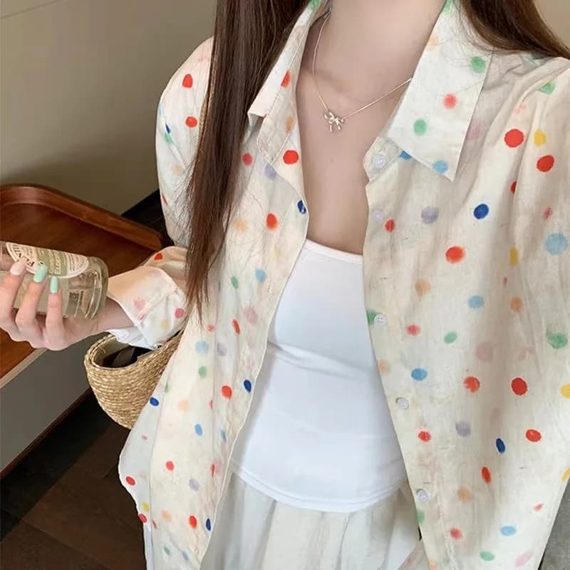 Chemisier coloré à pois pour femmes, chemise de protection solaire ample et décontractée, hauts ampl
