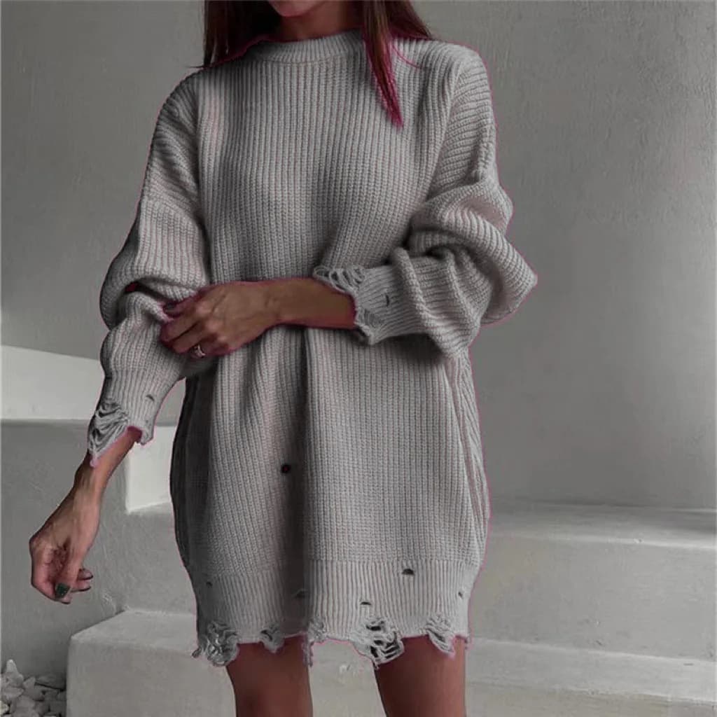 Pull ample à trous de couleur unie, Long, col rond, manches longues, tricoté, automne et hiver, 2025