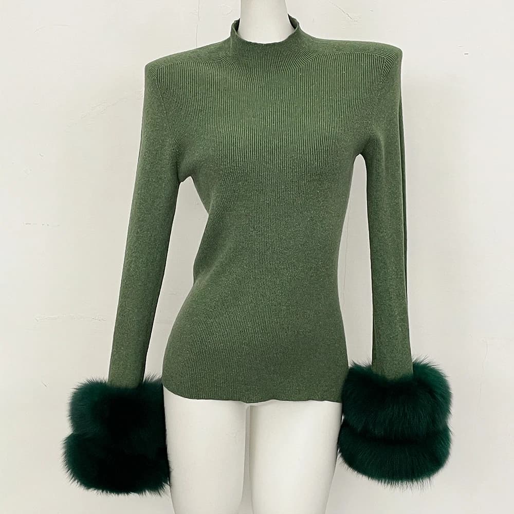 Cardigan pour femme avec poignets en fourrure de renard naturelle, coupe ajustée, col semi-montant, 