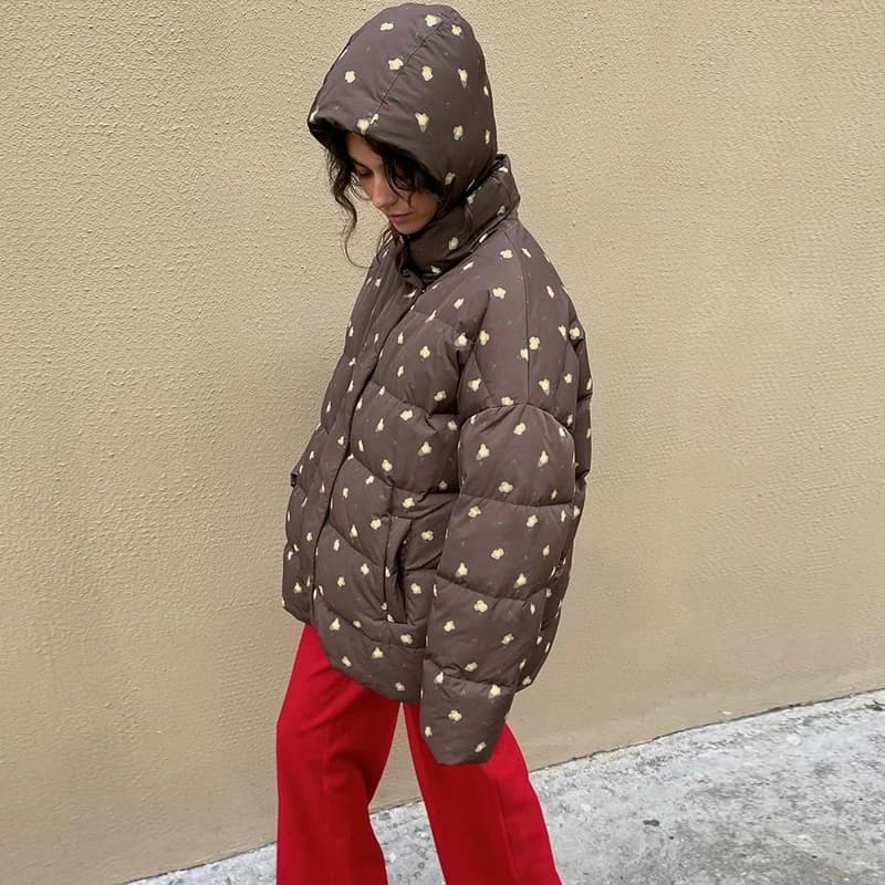Manteau en coton à capuche imprimé fleur pour femme col montant poches zippées chapeau détachable ve