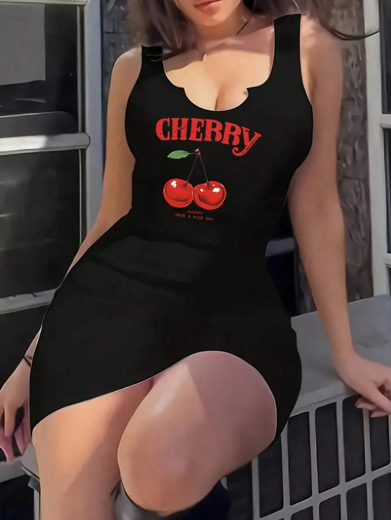 Robe décontractée sexy à imprimé cerises et col rond 2026, robe moulante sans manches décontractée p