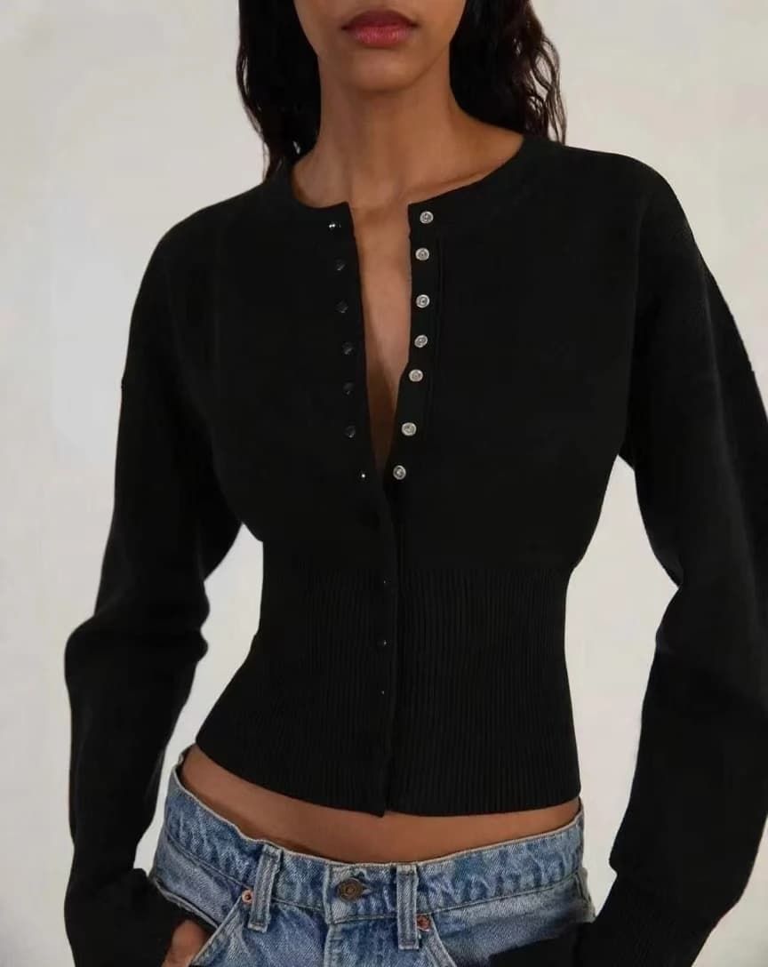 Cardigan en tricot côtelé marron pour femmes, col rond, manches longues, haut ajusté, vêtements, nou