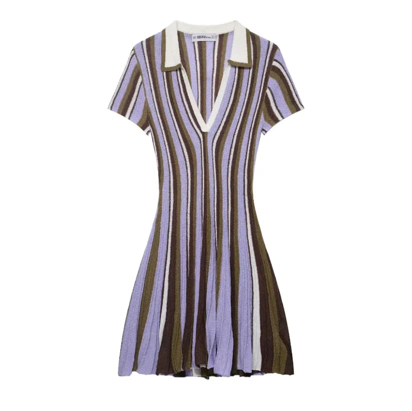 Robe Courte Femme Tricotée à Col Polo Rayée Marron-Bleu, Manches Courtes, Col en V, Taille Cintrée, 