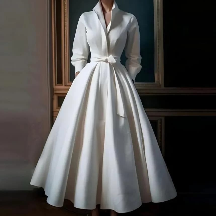 Eshin-Robes taille haute avec ceinture pour femmes, col montant, manches longues, mode féminine, nou