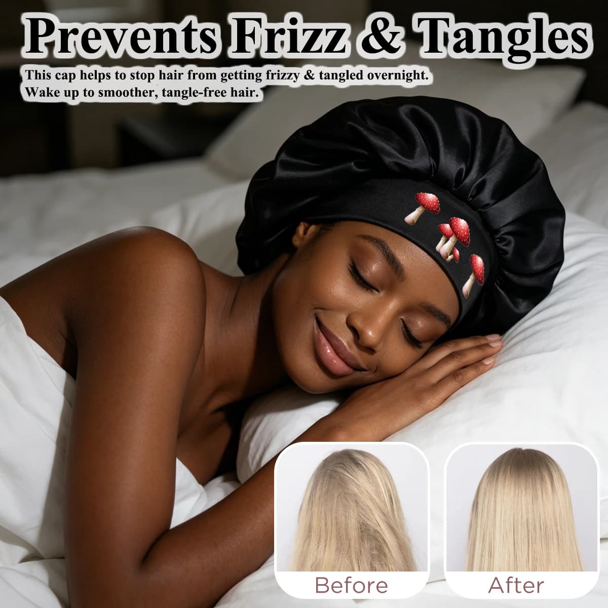 Bonnet de nuit pour femmes avec imprimé champignons mignon - Grande taille, design à large bord, bon