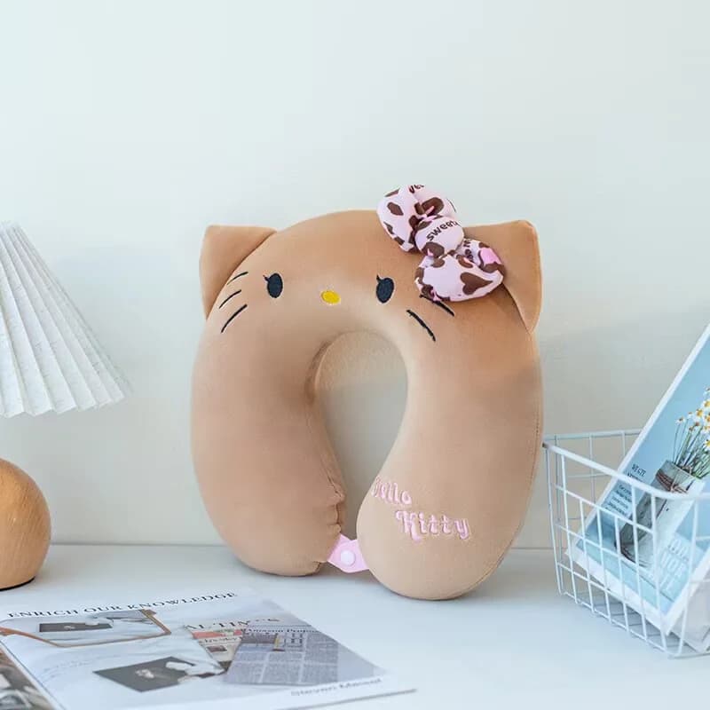 Oreiller cervical à capuche avec nœud léopard, dessin animé Hello Kitty, rempli de coton PP, oreille