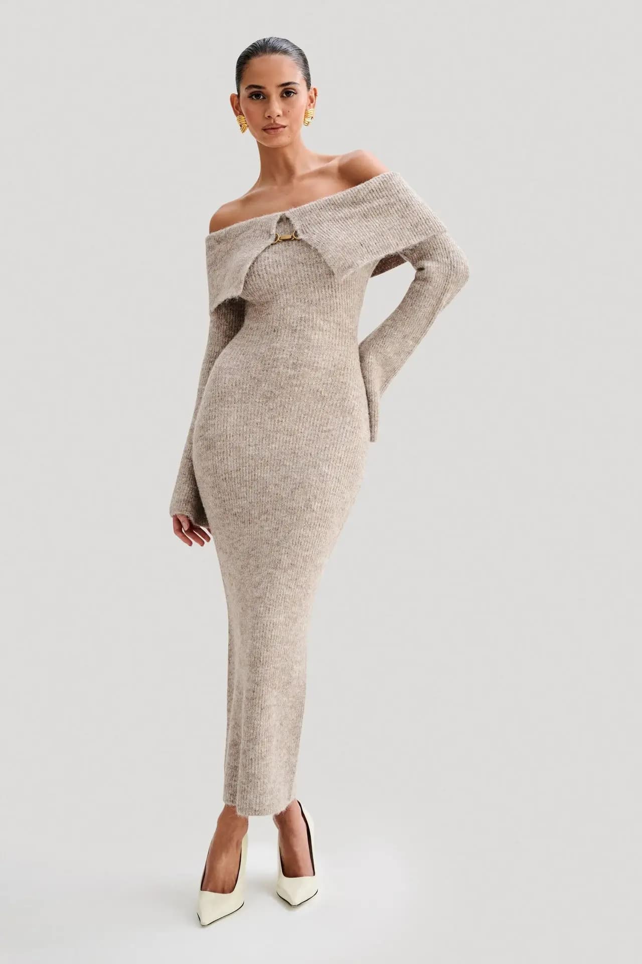 Robe en tricot pour femmes, pull en tricot, épaules dénudées, moulante, manches longues, coupe cintr